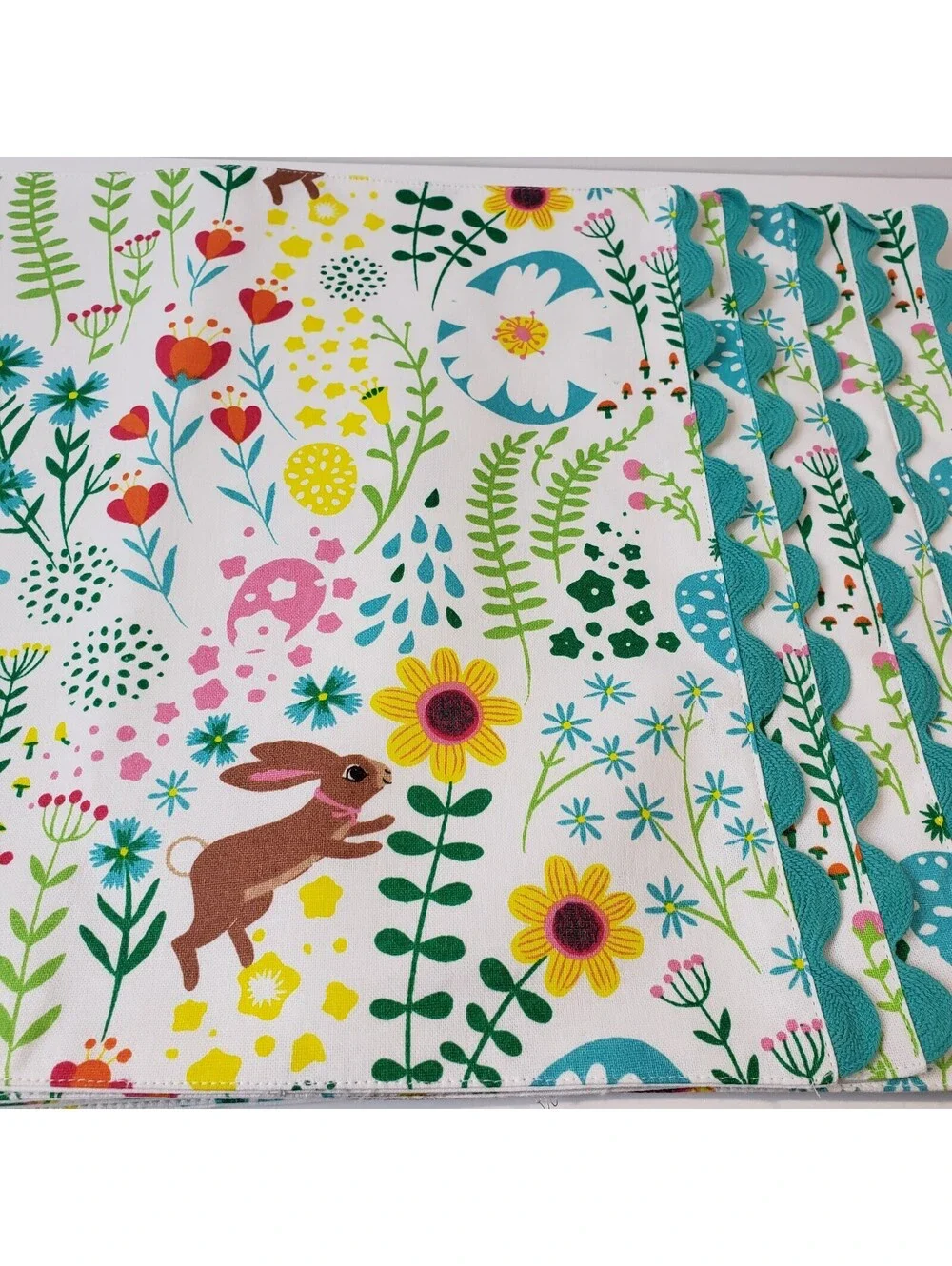 White Floral Easter Bunny Rabbit Placemats QTY 5 Cotton Teal Ric Rac Edges